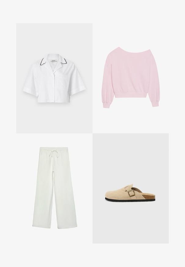 Růžový svetr s odhalenými rameny, dlouhými balónovými rukávy a přiléhavým pasem. Hladký povrch s žebrovanými manžetami. Bez vzorů nebo kování.; Bílá zkrácená košile s krátkými rukávy, zapínáním na knoflíky, náprsní kapsou a černým lemem podél límce. Vyrobena z lehké, prodyšné látky.; Bílé kalhoty s širokými nohavicemi vyrobené z měkké tkaniny. Mají elastický pas se stahovací šňůrkou a hladkou strukturu. Žádné viditelné vzory ani kovové prvky.; Béžové semišové klouzavé dřeváky s korkovou stélkou, zaoblenou špičkou a jednoduchým páskem s kovovou sponou v zlatém tónu. Gumová podrážka pro lepší přilnavost.