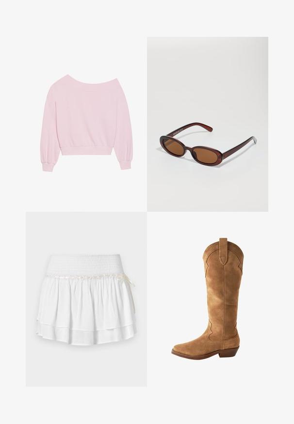 Ružičasti dukserica bez ramena s dugim balonskim rukavima i uskim pojasom. Glatka tekstura s rebrastim manžetama. Bez uzoraka ili dodataka.; Bijela suknja sa slojevima i elastičnom futrom, s teksturiranim detaljem smockinga i dekorativnom vrpcom. Pamuk.; Smešane smešane smeša smešane udačekane čizme od smešogen će smešane smešane smešane nebel u malo štiklu. Ima ukrasne šavove duž strana.; Okvir okruglih, smeđkastih sunčanih naočala s sjajnim burgundskim okvirom. Uski nositelji s suptilnim brendiranjem. Ravna leća.; Ružičasta torba od teksturiranog materijala, s dva duga ručka i urezanim logotipom na prednjoj strani. Zatvaranje na munje.