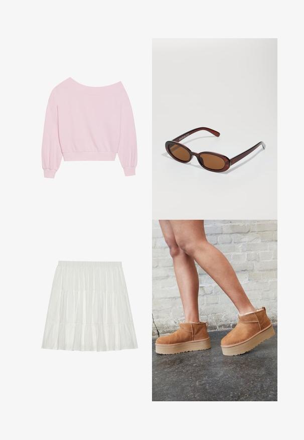 Rosa schulterfreier Pullover mit langen Ballonärmeln und tailliertem Schnitt. Glatte Textur mit gerippten Bündchen. Keine Muster oder Metallelemente.; Weißer, gestuftes Kleid mit strukturierter Oberfläche. Verfügt über einen elastischen Taillenbund und geschichtete Rüschen, die eine fließende Silhouette erzeugen.; Braune Wildleder-Stiefeletten mit einem weichen Futter, dicker beige Plateau-Sohle und einer Zuglasche auf der Rückseite. Strukturiert Oberfläche mit sichtbaren Nähdetails.; Runde, braun getönte Sonnenbrillen mit einem glänzenden burgunderfarbenen Rahmen. Schlanke Bügel mit dezentem Branding. Flaches Linsendesign.; Rosa Tragetasche aus strukturiertem Material mit zwei langen Tragegriffen und einem geprägten Logo auf der Vorderseite. Mit Reißverschluss oben.
