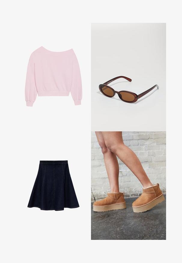 Roza pulover brez naramnic s dolgimi balonastimi rokavi in prilegajočim pasom. Gladka tekstura z rebrastimi manšetami. Brez vzorcev ali dodatkov.; Denim A-linija krilo v temno modri barvi z kontrastnim rumenim šivom. Ima oprijet pas in razširjen rob, gladko teksturo in brez okraskov.; Rjavi semiš škornji do gležnjev s puhastim podlogo, debelim bež platformnim podplatom in zanko na zadnji strani. Teksturirana površina z vidnimi šivi.; Okrogle, rjavo obarvane sončne naočare z sijočim burgundskim okvirjem. Tanek nosilec s subtilnim logotipom. Oblika leč je ravna.; Roza torba iz teksturiranega materiala, z dvema dolgima ročajema in vtisnjenim logotipom na sprednji strani. Zadrga na vrhu.