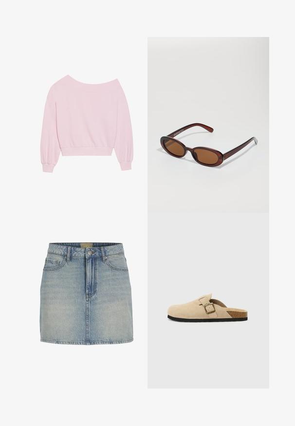 Rózsaszín, vállon lecsúszó pulóver, hosszú, ballon ujjakkal és fitted derékkal. Simás textúra bordás mandzsettákkal. Nincsenek minták vagy fém részek.; Világoskék farmer mini szoknya, fitted derékkal, elülső gombzárral, öt zsebbel és enyhe kopásokkal az anyagon.; Beige színű velúr klumpák, parafa talppal, kerek orral és egy egyszerű pánttal, amely arany színű csattal rendelkezik. A gumi talp jó tapadást biztosít.; Kerek, barna árnyalatú napszemüveg fényes burgundi kerettel. Karcsú karok diszkrét márkázással. Lapos lencse kialakítás.