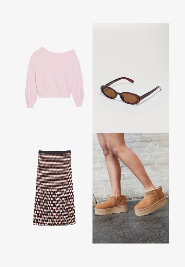 Felpa rosa con scollo a barca, caratterizzata da lunghe maniche a palloncino e vita aderente. Tessuto morbido con polsini a coste. Senza stampe o accessori.; Gonna plissettata con un motivo geometrico in rosso, bianco e nero. Realizzata in tessuto leggero con fascia elastica in vita.; Stivali alla caviglia in suede marrone con una fodera morbida, suola platform spessa beige e un'asola posteriore. Superficie testurizzata con dettagli di cucitura ben visibili.; Occhiali da sole rotondi con tonalità marrone, montatura lucida color bordeaux. Aste sottili con un sottile dettaglio del marchio. Design delle lenti piatte.; Borsa a spalla rosa realizzata in materiale testurizzato, con due manici lunghi e un logo impresso sul davanti. Chiusura superiore con zip.