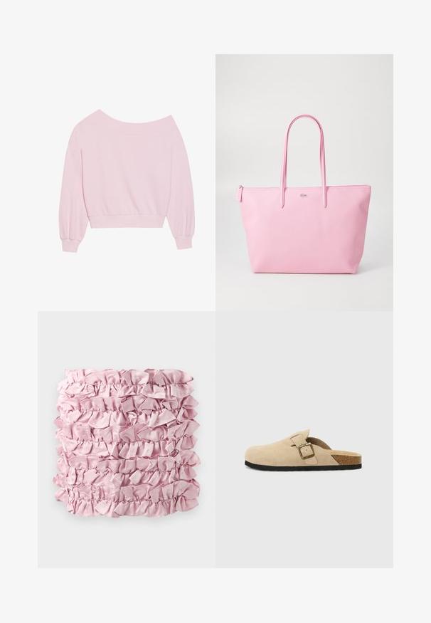 Rosa schulterfreier Pullover mit langen Ballonärmeln und tailliertem Schnitt. Glatte Textur mit gerippten Bündchen. Keine Muster oder Metallelemente.; Rosa Rüschstoff mit mehreren Schichten einer weichen, satinartigen Textur und gerafften Kanten. Rechteckige Form mit reicher, gleichmäßiger Farbe.; Beige Wildleder-Slipper mit einem Korkfußbett, runder Zehenpartie und einem einfachen Riemen mit einer goldfarbigen Schnalle. Gummi-Sohle für besseren Halt.; Rosa Tragetasche aus strukturiertem Material mit zwei langen Tragegriffen und einem geprägten Logo auf der Vorderseite. Mit Reißverschluss oben.