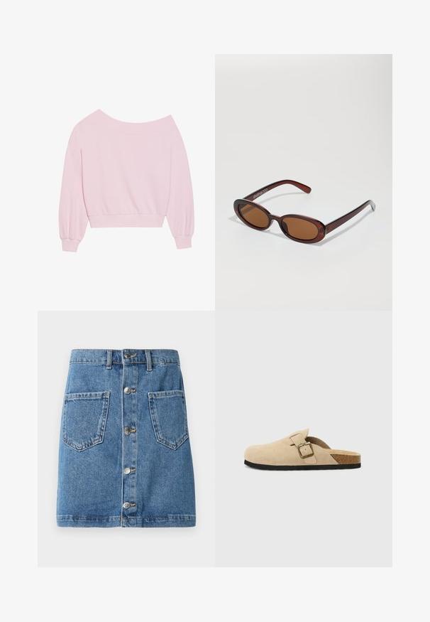 Różowy sweter typu off-the-shoulder z długimi rękawami typu balon oraz dopasowaną talią. Gładka tekstura z prążkowanymi mankietami. Bez wzorów ani metalowych elementów.; Dżinsowa spódnica w jasnoniebieskim odcieniu, z zapinaniem na guziki z przodu, dwoma kieszeniami naszytymi i prostym krojem. Materiał ma klasyczną fakturę.; Beżowe zamszowe klapki z korkową wkładką, zaokrąglonym noskiem i prostym paskiem z złotym zapięciem. Gumowa podeszwa zapewniająca przyczepność.; Okrągłe, brązowe okulary przeciwsłoneczne z błyszczącą bordową oprawą. Cienkie ramiona z subtelnym detalem marki. Płaski kształt soczewek.