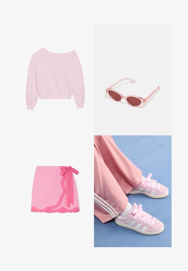Sudadera rosa off-the-shoulder con mangas globo largas y cintura ajustada. Textura suave con puños acanalados. Sin patrones ni herrajes.; Falda envolvente de lino rosa con un dobladillo con forma de ondas, que presenta una cinta de un rosa más oscuro en la cintura y una textura suave.; Zapatillas deportivas rosas con rayas azul claro, puntera redonda y cordones gruesos rosas, combinadas con pantalones de chándal rosas que tienen rayas laterales blancas.; Gafas de sol transparentes rosas con lentes ovalados, tinte rojo oscuro y varillas delgadas, con un acabado suave y detalles sutiles en la montura.; Bolso tote rosa hecho de material texturizado, con dos asas largas y un logotipo grabado en la parte frontal. Cierre superior con cremallera.