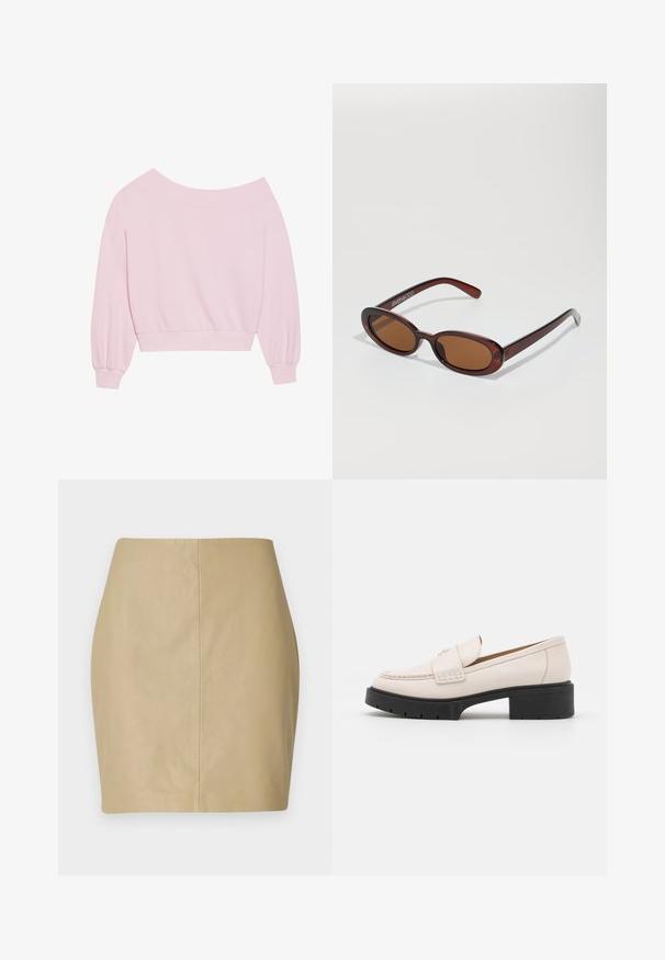 Roza pulover brez naramnic s dolgimi balonastimi rokavi in prilegajočim pasom. Gladka tekstura z rebrastimi manšetami. Brez vzorcev ali dodatkov.; Bež kratek usnjen krilo s prilegajočo se zasnovo, gladko teksturo in centralnim šivom, ki poteka navpično po hrbtu.; Svetlo bež usnjeni loaferji z šivanim sprednjim delom in teksturiranim črnim podplatom. Imajo ukrivljen dizajn in drobno dvigovanje.; Okrogle, rjavo obarvane sončne naočare z sijočim burgundskim okvirjem. Tanek nosilec s subtilnim logotipom. Oblika leč je ravna.; Roza torba iz teksturiranega materiala, z dvema dolgima ročajema in vtisnjenim logotipom na sprednji strani. Zadrga na vrhu.