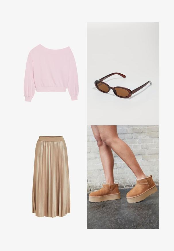 Felpa rosa con scollo a barca, caratterizzata da lunghe maniche a palloncino e vita aderente. Tessuto morbido con polsini a coste. Senza stampe o accessori.; Gonna midi plissè in satin di un beige chiaro. Presenta una cintura elastica ampia e eleganti pieghe verticali lungo tutta la lunghezza.; Stivali alla caviglia in suede marrone con una fodera morbida, suola platform spessa beige e un'asola posteriore. Superficie testurizzata con dettagli di cucitura ben visibili.; Occhiali da sole rotondi con tonalità marrone, montatura lucida color bordeaux. Aste sottili con un sottile dettaglio del marchio. Design delle lenti piatte.; Borsa a spalla rosa realizzata in materiale testurizzato, con due manici lunghi e un logo impresso sul davanti. Chiusura superiore con zip.