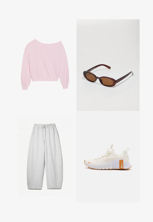 Rosa schulterfreier Pullover mit langen Ballonärmeln und tailliertem Schnitt. Glatte Textur mit gerippten Bündchen. Keine Muster oder Metallelemente.; Hellgraue Sweatpants mit entspannter Passform, elastischem Bund, Kordelzug und seitlichen Taschen; aus weichem, strukturiertem Stoff gefertigt.; Weiße Sportschuhe mit Obermaterial aus strukturiertem Gewebe und orangen Akzenten. Sie verfügen über eine dicke weiße Sohle mit Gummigrip und auffälliger Markenkennzeichnung.; Runde, braun getönte Sonnenbrillen mit einem glänzenden burgunderfarbenen Rahmen. Schlanke Bügel mit dezentem Branding. Flaches Linsendesign.
