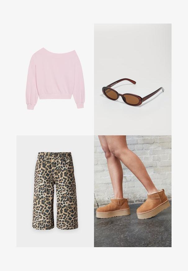 Roosa õlavarraste pealt avatud sweatshirt, millel on pikad balloonvarrukad ja suleline vöökoht. Sile tekstuur ribitud mansettidega. Ilma mustrite ja riistvaraeta.; The Ragged Priest Lühikesed püksid - brown; Pruunist seemsest valmistatud pahkluu saapad, millel on pehme vooder, paks beež platvormi konts ja tagumine tõmblukk. Tekstureeritud pind nähtavate õmbluse detailidega.; Ümar, pruunikased päikeseprillid läikiva burgundia raami ja peente kaubamärgi detailidega. Peened sangad ja lame läätsedesain.; Roosa kott, mis on valmistatud tekstuurilisest materjalist, millel on kaks pikka sangat ja esiküljel reljeefne logo. Lukuga pealmine sulgemine.