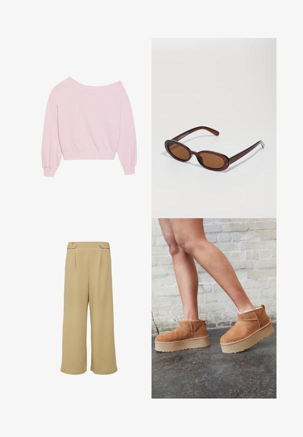 Roze off-the-shoulder sweatshirt met lange ballonmouwen en een aansluitende taille. Gladde textuur met geribbelde manchetten. Geen patronen of hardware.; Beige wijde broek gemaakt van gladde stof, met twee voorplooien en een hoge tailleband met twee decoratieve knopen.; Bruine suède enkelboots met een zachte voering, dikke beige plateauzool en een achterste lus. Getextureerde oppervlakte met zichtbare stiksels.; Ronde, bruin getinte zonnebril met een glanzend bordeauxrood frame. Slanke pootjes met subtiele merkdetails. Vlakke lensontwerp.; Roze draagtas gemaakt van textuurmateriaal, met twee lange handvatten en een opgedrukte logo aan de voorkant. Ritssluiting aan de bovenkant.