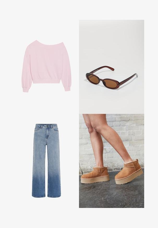 Sweatshirt roz cu umeri goi, având mâneci lungi tip balon și talie ajustată. Textură netedă cu manșete cordonate. Fără modele sau accesorii.; Jeans din denim albastru cu talie înaltă, cu picioare largi și o decolorare în gradient de la albastru deschis la albastru închis în partea de jos.; Botine din suede maro, cu căptușeală moale, talpă platformă groasă de culoare bej și sistem de prindere în partea din spate. Suprafață texturată cu detalii de cusătură vizibile.; Ochelari de soare rotunzi, cu nuanțe de brown și cu un cadru lucios de burgund. Brațe subțiri cu detalii subtile de branding. Design cu lentile plate.
