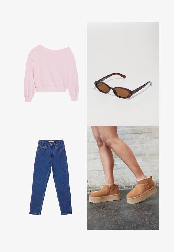 Rosa off-shoulder sweatshirt med lange ballonærmer og en tætsiddende talje. Glat tekstur med ribbede manchetter. Ingen mønstre eller hardware.; Højtaljede blå jeans lavet af denim, med et straight-leg design, forlommer og en subtil falmet tekstur.; Brune ruskinds ankelsko med en blød foring, tyk beige plattformsål og en bageste løkke. Tekstureret overflade med synlige sømdetaljer.; Runde, bruntonede solbriller med en glansfuld bordeauxramme. Slanke arme med diskret brandingdetalje. Flad linsedesign.; Rosa tote taske lavet af tekstureret materiale, med to lange håndtag og et præget logo på forsiden. Lynlåslukning i toppen.