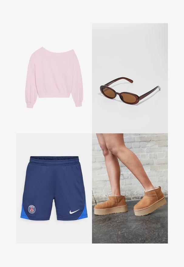 Rožinė megzta palaidinė be pečių, su ilgomis balioninėmis rankovėmis ir prisitaikančiu liemeniu. Lygus paviršius su raštuotais rankogaliais. Be raštų ar metalinių detalių.; Tamsiai mėlynos sportinės šortai su elastiniu juosmeniu, mėlyna šonine juostele, balta Nike logotipu ir apvaliu PSG logotipu kairėje šlaunyje.; Rudos zomšiniai kulkšniniai batai su minkštu pamušalu, storu smėlio spalvos platforminiu padu ir gale esančia kilpa. Tekstūruotas paviršius su matomais siuvimo detalėmis.; APvalūs, rudos spalvos saulės akiniai su blizgia burgundinės spalvos rėmeliu. Plonos šakutės su subtiliu ženklinimu. Lygus objektyvo dizainas.; Rožinė naujoviška rankinė, pagaminta iš tekstūruoto medžiagos, su dviem ilgomis rankenomis ir reljefiniu logotipu priekyje. Uždarymas su užtrauktuku viršuje.