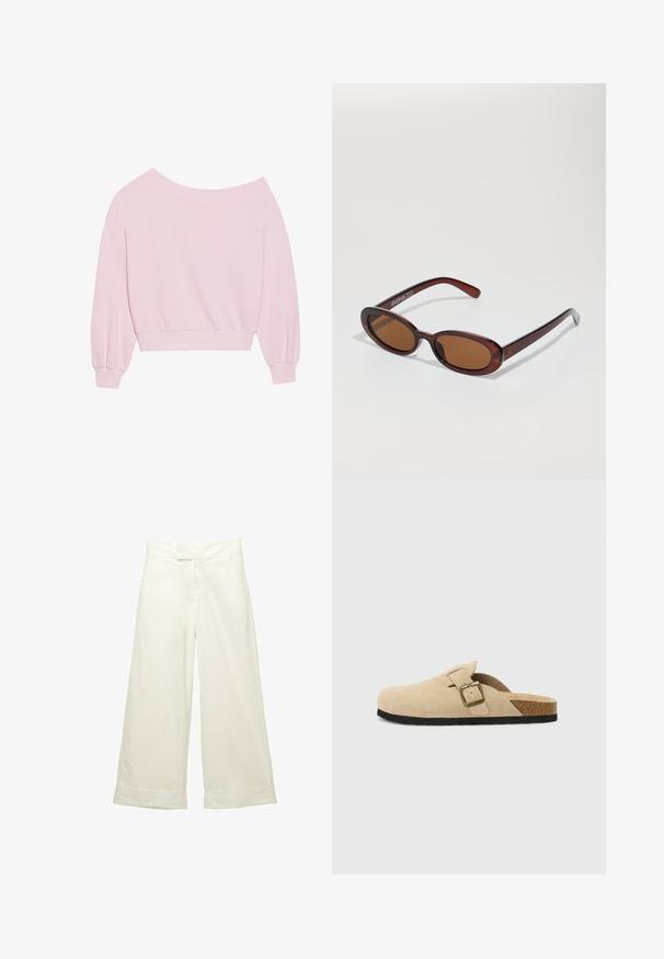 Roze off-the-shoulder sweatshirt met lange ballonmouwen en een aansluitende taille. Gladde textuur met geribbelde manchetten. Geen patronen of hardware.; Wijdvallende broek van zacht, crèmekleurig materiaal. Heeft een vlakke tailleband en opgerolde manchetten. Fijne textuur met een strakke, minimalistische uitstraling.; Beige suède instapklompen met een kurken voetbed, een ronde teen en een eenvoudige band met een goudkleurige gesp. Rubberen zool voor grip.; Ronde, bruin getinte zonnebril met een glanzend bordeauxrood frame. Slanke pootjes met subtiele merkdetails. Vlakke lensontwerp.