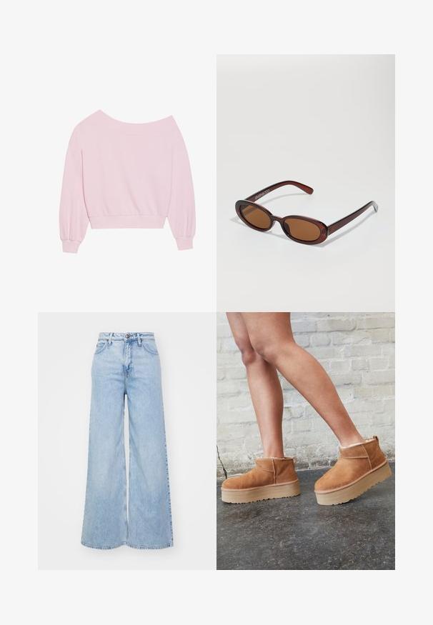 Ροζ φούτερ χωρίς ώμους με μακριές μπαλόνι μανίκες και εφαρμοστή μέση. Λείο υλικό με ριχτές μανσέτες. Χωρίς σχέδια ή μεταλλικές λεπτομέρειες.; Ανοιχτό μπλε παντελόνι τζιν σε υλικό denim, με ψηλή μέση, κλείσιμο με κουμπί και διακριτική φθορά. Οι άκρες είναι ραμμένες.; Καφέ σουέτ μποτάκια μέχρι τον αστράγαλο με πλούσια επένδυση, παχύ μπεζ πλατφόρμα και πίσω λαβή. Υφασμάτινη επιφάνεια με ορατές λεπτομέρειες ραφής.; Στρογγυλά, καφέ-χρωματιστά γυαλιά ηλίου με γυαλιστερή μπορντώ σκελετό. Λεπτά πόδια με διακριτική λεπτομέρεια λογότυπου. Σχεδίαση επίπεδου φακού.; Ροζ τσάντα ώμου κατασκευασμένη από υλικό με υφή, διαθέτοντας δύο μακριές λαβές και ανάγλυφο λογότυπο μπροστά. Κλείσιμο με φερμουάρ στην κορυφή.