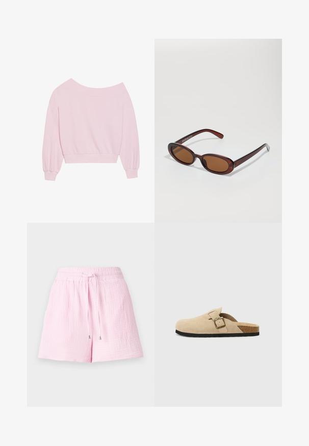 Rožinė megzta palaidinė be pečių, su ilgomis balioninėmis rankovėmis ir prisitaikančiu liemeniu. Lygus paviršius su raštuotais rankogaliais. Be raštų ar metalinių detalių.; Šviesiai rožiniai šortai, pagaminti iš tekstūruoto audinio. Turi elastingą juosmenį su raišteliu ir sidabriniais galiukais, skirtus komfortui.; Bežiniai zomšiniai klumpės su kamštiniu padu, apvaliu pirštu ir paprasta dirželiu suaukso tono sagtimi. Guminis padas suteikia sukibimą.; APvalūs, rudos spalvos saulės akiniai su blizgia burgundinės spalvos rėmeliu. Plonos šakutės su subtiliu ženklinimu. Lygus objektyvo dizainas.; Rožinė naujoviška rankinė, pagaminta iš tekstūruoto medžiagos, su dviem ilgomis rankenomis ir reljefiniu logotipu priekyje. Uždarymas su užtrauktuku viršuje.