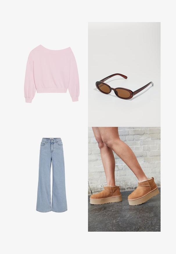 Růžový svetr s odhalenými rameny, dlouhými balónovými rukávy a přiléhavým pasem. Hladký povrch s žebrovanými manžetami. Bez vzorů nebo kování.; Džínové kalhoty s širokými nohavicemi v modré barvě, s vysokým pasem, předním zapínáním na knoflík, velkými kapsami a čistým provedením.; Hnědé semišové kotníkové boty s měkkou podšívkou, silnou béžovou platformou a zadním poutkem. Texturovaný povrch s viditelnými švy.; Kulaté sluneční brýle hnědé barvy s lesklým burgundským rámem. Úzké nožičky s jemným logem. Rovné čočky.