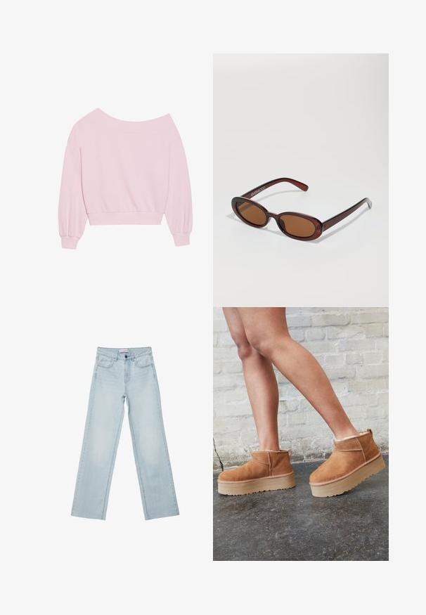 Roza pulover brez naramnic s dolgimi balonastimi rokavi in prilegajočim pasom. Gladka tekstura z rebrastimi manšetami. Brez vzorcev ali dodatkov.; Svetlo modri široki kavbojke izdenima. Imajo pet žepov, gumbasto zaponko in zbledela podrobnost. Klasičen naravnost kroj s prostornim prileganjem.; Rjavi semiš škornji do gležnjev s puhastim podlogo, debelim bež platformnim podplatom in zanko na zadnji strani. Teksturirana površina z vidnimi šivi.; Okrogle, rjavo obarvane sončne naočare z sijočim burgundskim okvirjem. Tanek nosilec s subtilnim logotipom. Oblika leč je ravna.; Roza torba iz teksturiranega materiala, z dvema dolgima ročajema in vtisnjenim logotipom na sprednji strani. Zadrga na vrhu.