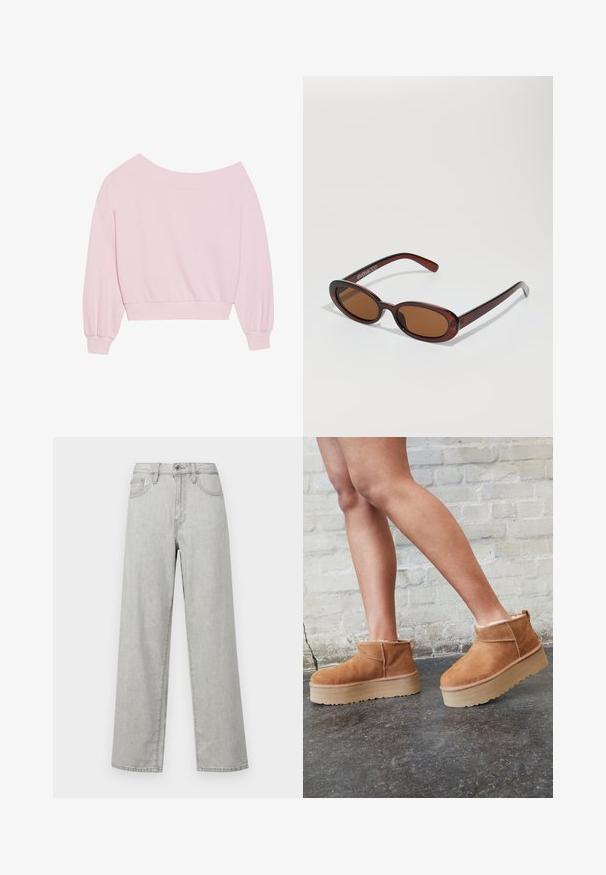 Růžový svetr s odhalenými rameny, dlouhými balónovými rukávy a přiléhavým pasem. Hladký povrch s žebrovanými manžetami. Bez vzorů nebo kování.; Světle šedé široké džíny vyrobené z denimu, s vysokým pasem, předními kapsami a standardním zapínáním na knoflík a zip.; Hnědé semišové kotníkové boty s měkkou podšívkou, silnou béžovou platformou a zadním poutkem. Texturovaný povrch s viditelnými švy.; Kulaté sluneční brýle hnědé barvy s lesklým burgundským rámem. Úzké nožičky s jemným logem. Rovné čočky.; Černá prošívaná kabelka se zlatým trojúhelníkovým logem, s dvojitou řetízkovou rukovětí a hladkým koženým povrchem. Obdélníkový tvar s klopou.