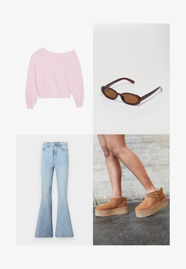 Rozā svītrota džemperis bez plecu piedurknēm ar garām balona piedurknēm un piegulošu jostu. Gluda tekstūra ar ribotām aprocēm. Nav rakstu vai metāla elementu.; Gai zili flared džinsi, izgatavoti no denima, ar augstu jostasvietu, vieglu izbalēšanu un lielām klabējošām apakšmalām ar gludu apdari.; Brūni zamšāda potītes zābaki ar mīkstu oderi, biezu bēša krāsas platformas zoli un aizmugurē esošu cilpu. Tekstūrēta virsma ar redzamām šuvēm.; Apaļas, brūnīgi nokrāsotas saulesbrilles ar spīdīgu bordo rāmīti. Šauri kāti ar diskrētu zīmola detaļu. Plakana objektīva dizains.