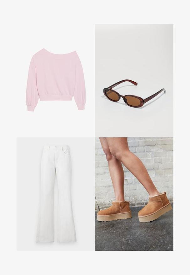 Sweatshirt rose à épaules dénudées avec de longues manches bouffantes et une taille ajustée. Texture lisse avec des poignets côtelés. Sans motifs ni métal.; Jean en denim blanc évasés avec une taille haute, dotés de poches avant, passants de ceinture et une fermeture à bouton classique. Texture lisse, design décontracté.; Bottines en suède marron avec une doublure en peluche, semelle épaisse en beige et une poignée à l'arrière. Surface texturée avec des détails de couture visibles.; Lunettes de soleil rondes teinte brun avec une monture bordeaux brillante. Branches fines avec un détail de marque subtil. Design de verres plats.
