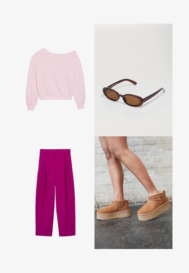 Ružičasti dukserica bez ramena s dugim balonskim rukavima i uskim pojasom. Glatka tekstura s rebrastim manžetama. Bez uzoraka ili dodataka.; Fuksija široke hlače s plićama, s glatkom teksturom i visokim strukom. Uključuju petlje za remen i kroj koji odgovara.; Smeđi antilop čizmi do gležnja s mekanim postavljanjem, debljim bež platformski potplat i stražnjim povlačnim trakama. Teksturirana površina s vidljivim šavovima.; Okvir okruglih, smeđkastih sunčanih naočala s sjajnim burgundskim okvirom. Uski nositelji s suptilnim brendiranjem. Ravna leća.