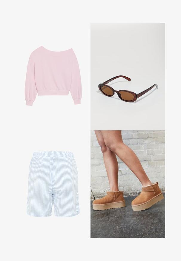 Rozā svītrota džemperis bez plecu piedurknēm ar garām balona piedurknēm un piegulošu jostu. Gluda tekstūra ar ribotām aprocēm. Nav rakstu vai metāla elementu.; Svītraini šorti gaiši zilā un baltā krāsā, izgatavoti no austas auduma. Iezīme elastīga josta un brīva piegriezuma, ar sānu kabatām.; Brūni zamšāda potītes zābaki ar mīkstu oderi, biezu bēša krāsas platformas zoli un aizmugurē esošu cilpu. Tekstūrēta virsma ar redzamām šuvēm.; Apaļas, brūnīgi nokrāsotas saulesbrilles ar spīdīgu bordo rāmīti. Šauri kāti ar diskrētu zīmola detaļu. Plakana objektīva dizains.; Rozā iepirkumu soma, kas izgatavota no teksturēta materiāla, ar divām garām rokturiem un iepresētu logo uz priekšpuses. Ar rāvējslēdzēju aizverama augšdaļa.