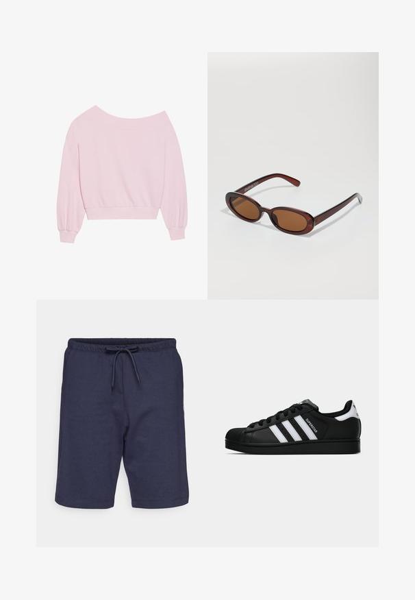Pink off-the-shoulder sweatshirt featuring long balloon sleeves and a fitted waist. Smooth texture with ribbed cuffs. No patterns or hardware.; Navy blue shorts made of soft fabric with an elastic waistband and adjustable drawstring. Features smooth texture and a simple design.; Black Adidas Superstar sneaker with white stripes, shell toe, and "Superstar" text on side, shown in side profile on white background.; Round, brown-tinted sunglasses with a glossy burgundy frame. Slim arms with subtle branding detail. Flat lens design.; Pink tote bag made of textured material, featuring two long handles and an embossed logo on the front. Zippered top closure.