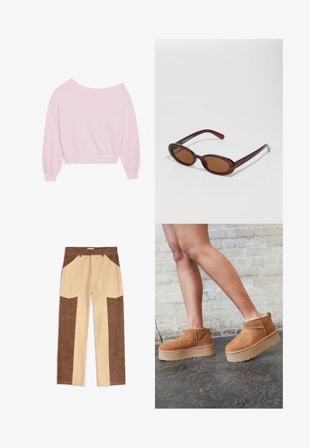 Vaaleanpunainen olalta paljastava huppari, jossa on pitkät pallosleevesit ja kapea vyötärö. Sileä pinta ribatulla hihansuulla. Ei kuvioita tai varusteita.; Ruskeat ja vaaleanbeiget cargo-housut sivupatch-taskuilla, joissa on teksturoitua ruskeaa kangasta sivuilla ja sileä vaaleanbeige keskiosa.; Ruske mokasine do gležnja od nubuk kože s mekim podstavom, debelim bež platformama i stražnjim držačem. Teksturirana površina s vidljivim detaljima šavova.; Pyöreät, ruskehtavat aurinkolasit, joissa on kiiltävä burgundinpunainen runko. Kapeat sivut, joissa on hienovarainen brändäys. Litteät linssit.