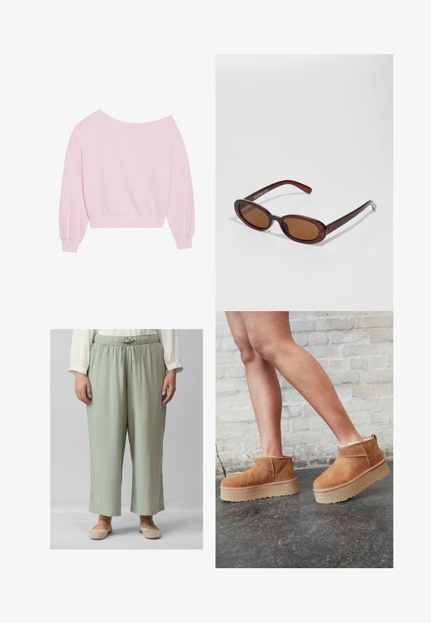Rosa schulterfreier Pullover mit langen Ballonärmeln und tailliertem Schnitt. Glatte Textur mit gerippten Bündchen. Keine Muster oder Metallelemente.; Helle grüne, locker sitzende Hose mit elastischem Bund und Kordelzug, aus weichem Stoff gefertigt. Ein flacher Schnitt und weite Beine runden das Design ab.; Braune Wildleder-Stiefeletten mit einem weichen Futter, dicker beige Plateau-Sohle und einer Zuglasche auf der Rückseite. Strukturiert Oberfläche mit sichtbaren Nähdetails.; Runde, braun getönte Sonnenbrillen mit einem glänzenden burgunderfarbenen Rahmen. Schlanke Bügel mit dezentem Branding. Flaches Linsendesign.