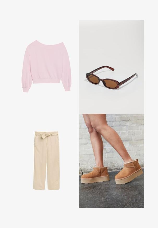 Rozā svītrota džemperis bez plecu piedurknēm ar garām balona piedurknēm un piegulošu jostu. Gluda tekstūra ar ribotām aprocēm. Nav rakstu vai metāla elementu.; Bežīgas wide-leg bikses ar teksturētu jostu, kurām ir divas sānu kabatas un tīrs apakšmalas dizains. Izgatavotas no viegla auduma, kas nodrošina komfortu.; Brūni zamšāda potītes zābaki ar mīkstu oderi, biezu bēša krāsas platformas zoli un aizmugurē esošu cilpu. Tekstūrēta virsma ar redzamām šuvēm.; Apaļas, brūnīgi nokrāsotas saulesbrilles ar spīdīgu bordo rāmīti. Šauri kāti ar diskrētu zīmola detaļu. Plakana objektīva dizains.; Rozā iepirkumu soma, kas izgatavota no teksturēta materiāla, ar divām garām rokturiem un iepresētu logo uz priekšpuses. Ar rāvējslēdzēju aizverama augšdaļa.