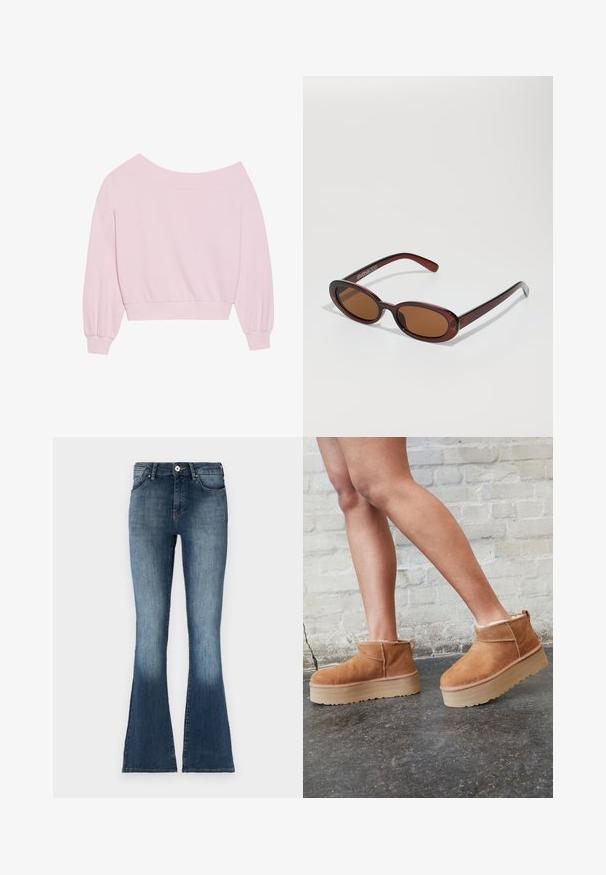Sudadera rosa off-the-shoulder con mangas globo largas y cintura ajustada. Textura suave con puños acanalados. Sin patrones ni herrajes.; Jeans de mezclilla azul acampanados con una cintura a media altura, acabado desgastado y diseño tradicional de cinco bolsillos. Textura suave y detalles de costura sutiles.; Botas de tobillo de ante marrón con forro suave, suela de plataforma gruesa beige y una lengüeta trasera. Superficie texturizada con detalles de costura visibles.; Gafas de sol redondas con tinte marrón y un marco burdeos brillante. Patillas delgadas con un sutil detalle de marca. Diseño de lentes planos.; Bolso tote rosa hecho de material texturizado, con dos asas largas y un logotipo grabado en la parte frontal. Cierre superior con cremallera.