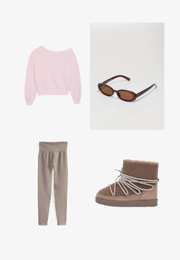 Rosa schulterfreier Pullover mit langen Ballonärmeln und tailliertem Schnitt. Glatte Textur mit gerippten Bündchen. Keine Muster oder Metallelemente.; Beige Ripps leggings mit einem breiten Bund, schmal zulaufenden Beinen und einer glatten Textur, die für Komfort und Flexibilität ausgelegt sind.; Braunes Shearling-Ankle-Boot mit strukturiertem Obermaterial und kontrastierendem, glattem Wildlederbesatz. Verfügt über breite, gemusterte Schnürsenkel und eine flache Sohle.; Runde, braun getönte Sonnenbrillen mit einem glänzenden burgunderfarbenen Rahmen. Schlanke Bügel mit dezentem Branding. Flaches Linsendesign.
