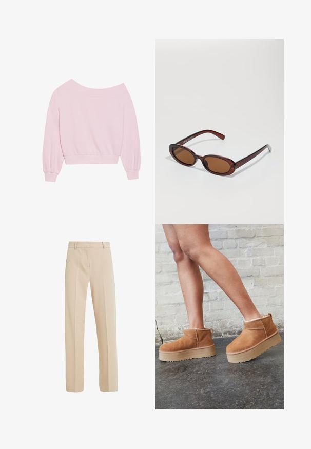 Roza pulover brez naramnic s dolgimi balonastimi rokavi in prilegajočim pasom. Gladka tekstura z rebrastimi manšetami. Brez vzorcev ali dodatkov.; Bež hlače krojene iz gladkega blaga, z ravnim krojem nog, stranskimi žepi in pregibom spredaj.; Rjavi semiš škornji do gležnjev s puhastim podlogo, debelim bež platformnim podplatom in zanko na zadnji strani. Teksturirana površina z vidnimi šivi.; Okrogle, rjavo obarvane sončne naočare z sijočim burgundskim okvirjem. Tanek nosilec s subtilnim logotipom. Oblika leč je ravna.; Roza torba iz teksturiranega materiala, z dvema dolgima ročajema in vtisnjenim logotipom na sprednji strani. Zadrga na vrhu.