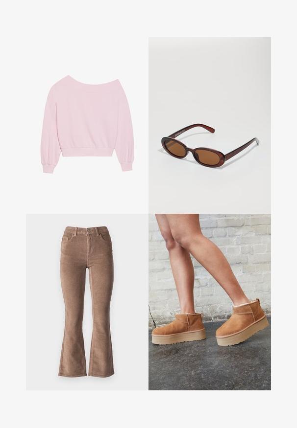 Pink off-the-shoulder sweatshirt featuring long balloon sleeves and a fitted waist. Smooth texture with ribbed cuffs. No patterns or hardware.; Brown corduroy flared pants with a ribbed texture, featuring a high waist, five pockets, and a front button closure.; Brown suede ankle boots with a plush lining, thick beige platform sole, and a rear pull tab. Textured surface with visible stitching details.; Round, brown-tinted sunglasses with a glossy burgundy frame. Slim arms with subtle branding detail. Flat lens design.; Pink tote bag made of textured material, featuring two long handles and an embossed logo on the front. Zippered top closure.