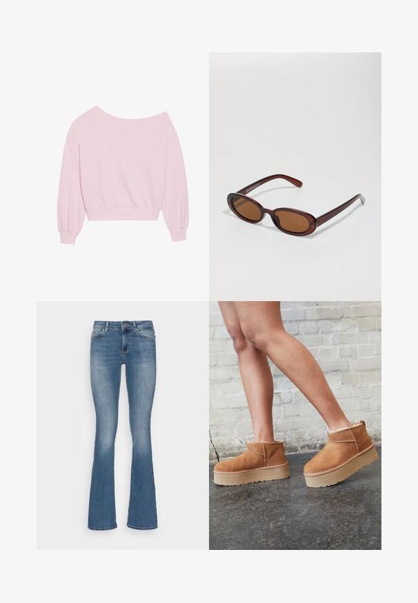 Rozā svītrota džemperis bez plecu piedurknēm ar garām balona piedurknēm un piegulošu jostu. Gluda tekstūra ar ribotām aprocēm. Nav rakstu vai metāla elementu.; Izplešoti džinsi no gaiši zila denima, ar vidēju vidukļa augstumu, piecu kabatu dizainu un vieglu nolietojumu gurnos un ceļos.; Brūni zamšāda potītes zābaki ar mīkstu oderi, biezu bēša krāsas platformas zoli un aizmugurē esošu cilpu. Tekstūrēta virsma ar redzamām šuvēm.; Apaļas, brūnīgi nokrāsotas saulesbrilles ar spīdīgu bordo rāmīti. Šauri kāti ar diskrētu zīmola detaļu. Plakana objektīva dizains.; Rozā iepirkumu soma, kas izgatavota no teksturēta materiāla, ar divām garām rokturiem un iepresētu logo uz priekšpuses. Ar rāvējslēdzēju aizverama augšdaļa.