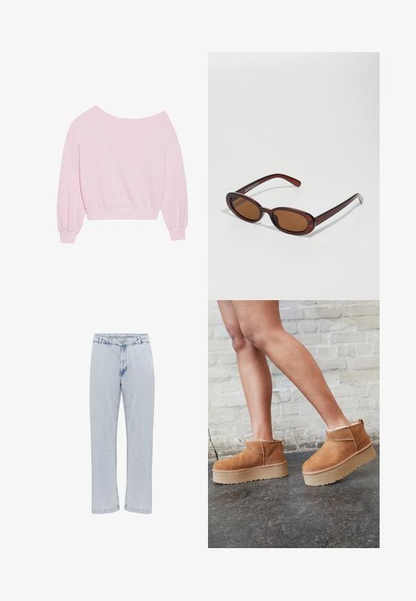 Růžový svetr s odhalenými rameny, dlouhými balónovými rukávy a přiléhavým pasem. Hladký povrch s žebrovanými manžetami. Bez vzorů nebo kování.; Světle modré denimové džíny se střihem rovného nohavice, se standardním zapínáním na knoflík a zip, a mírně opotřebovanou texturou.; Hnědé semišové kotníkové boty s měkkou podšívkou, silnou béžovou platformou a zadním poutkem. Texturovaný povrch s viditelnými švy.; Kulaté sluneční brýle hnědé barvy s lesklým burgundským rámem. Úzké nožičky s jemným logem. Rovné čočky.