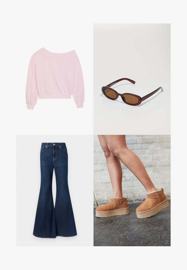 Rosa schulterfreier Pullover mit langen Ballonärmeln und tailliertem Schnitt. Glatte Textur mit gerippten Bündchen. Keine Muster oder Metallelemente.; Dunkelblaue, ausgestellte Jeans aus Denim mit hoher Taille, vorne mit Knopfleiste und kontrastierenden Nähten entlang der Nähte.; Braune Wildleder-Stiefeletten mit einem weichen Futter, dicker beige Plateau-Sohle und einer Zuglasche auf der Rückseite. Strukturiert Oberfläche mit sichtbaren Nähdetails.; Runde, braun getönte Sonnenbrillen mit einem glänzenden burgunderfarbenen Rahmen. Schlanke Bügel mit dezentem Branding. Flaches Linsendesign.