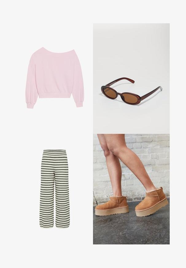 Roosa õlavarraste pealt avatud sweatshirt, millel on pikad balloonvarrukad ja suleline vöökoht. Sile tekstuur ribitud mansettidega. Ilma mustrite ja riistvaraeta.; Kreemja ja musta värvi triibulised laiad püksid. Valmistatud pehmest kangast, meeldivate horisontaalsete triipudega ja veniva vöökohtadega mugavuse tagamiseks.; Pruunist seemsest valmistatud pahkluu saapad, millel on pehme vooder, paks beež platvormi konts ja tagumine tõmblukk. Tekstureeritud pind nähtavate õmbluse detailidega.; Ümar, pruunikased päikeseprillid läikiva burgundia raami ja peente kaubamärgi detailidega. Peened sangad ja lame läätsedesain.; Roosa kott, mis on valmistatud tekstuurilisest materjalist, millel on kaks pikka sangat ja esiküljel reljeefne logo. Lukuga pealmine sulgemine.