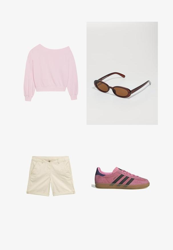 Sudadera rosa off-the-shoulder con mangas globo largas y cintura ajustada. Textura suave con puños acanalados. Sin patrones ni herrajes.; Pantalones cortos beige hechos de tejido trenzado, que cuentan con cuatro bolsillos, un cierre de botón y dobladillos enrollados para un acabado limpio.; Zapatilla de ante rosa con rayas negras, suela de goma y talón texturizado púrpura. Cuenta con un diseño de cordones y una marca grabada en el lateral.; Gafas de sol redondas con tinte marrón y un marco burdeos brillante. Patillas delgadas con un sutil detalle de marca. Diseño de lentes planos.; Bolso tote rosa hecho de material texturizado, con dos asas largas y un logotipo grabado en la parte frontal. Cierre superior con cremallera.