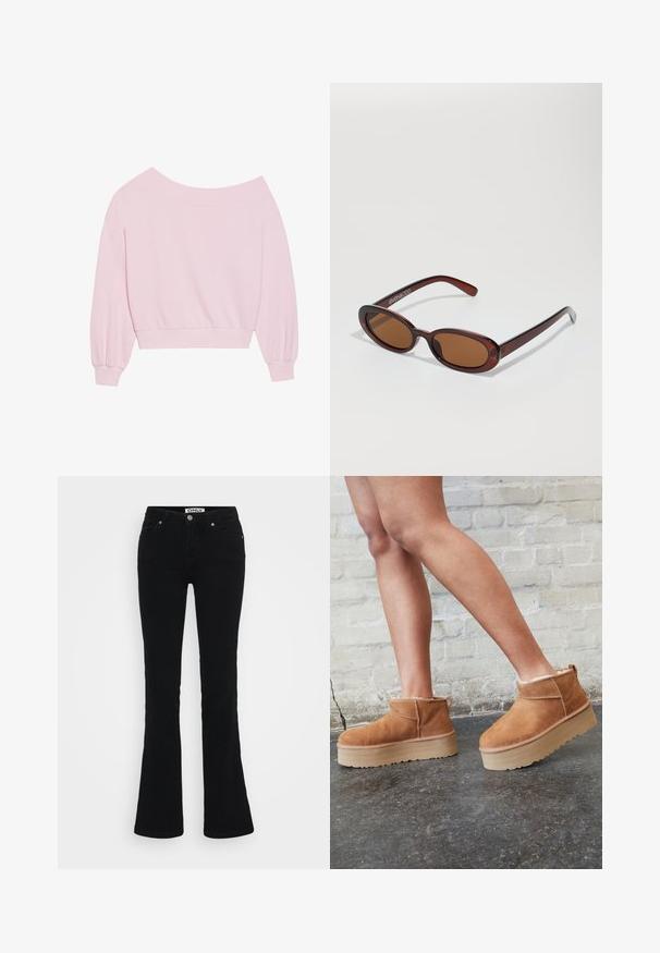 Růžový svetr s odhalenými rameny, dlouhými balónovými rukávy a přiléhavým pasem. Hladký povrch s žebrovanými manžetami. Bez vzorů nebo kování.; Černé rozšířené džíny vyrobené z denimu, s klasickým pětiokamičkovým designem, stříbrným kováním a zapínáním na knoflík v pase.; Hnědé semišové kotníkové boty s měkkou podšívkou, silnou béžovou platformou a zadním poutkem. Texturovaný povrch s viditelnými švy.; Kulaté sluneční brýle hnědé barvy s lesklým burgundským rámem. Úzké nožičky s jemným logem. Rovné čočky.