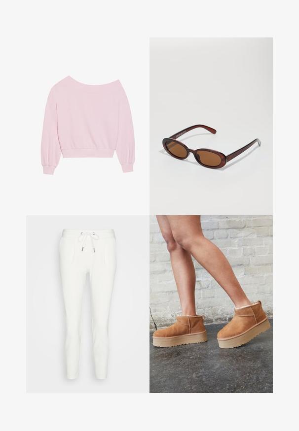 Roze off-the-shoulder sweatshirt met lange ballonmouwen en een aansluitende taille. Gladde textuur met geribbelde manchetten. Geen patronen of hardware.; Witte sweatpants van zachte stof, met een koord in de taille, twee zijzakken en een taps toelopende pasvorm zonder zichtbare patronen of accenten.; Bruine suède enkelboots met een zachte voering, dikke beige plateauzool en een achterste lus. Getextureerde oppervlakte met zichtbare stiksels.; Ronde, bruin getinte zonnebril met een glanzend bordeauxrood frame. Slanke pootjes met subtiele merkdetails. Vlakke lensontwerp.; Roze draagtas gemaakt van textuurmateriaal, met twee lange handvatten en een opgedrukte logo aan de voorkant. Ritssluiting aan de bovenkant.