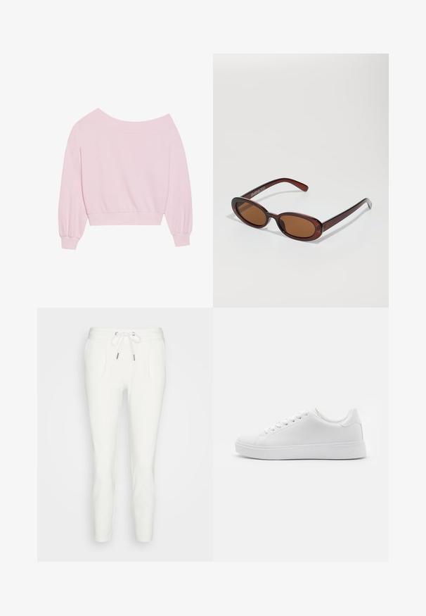 Rožinė megzta palaidinė be pečių, su ilgomis balioninėmis rankovėmis ir prisitaikančiu liemeniu. Lygus paviršius su raštuotais rankogaliais. Be raštų ar metalinių detalių.; Balti sportiniai šortai, pagaminti iš minkštos medžiagos, su juosmeniu su raišteliu, dviem šoninėmis kišenėmis ir siaurėjančiu siluetu, be matomų raštų ar akcentų.; Baltos sportinės kedai su lygiu sintethiniu viršumi, apvali nosis, šešios akys raišteliams ir žemas gumos padas su tekstūriniu apdailu.; APvalūs, rudos spalvos saulės akiniai su blizgia burgundinės spalvos rėmeliu. Plonos šakutės su subtiliu ženklinimu. Lygus objektyvo dizainas.; Rožinė naujoviška rankinė, pagaminta iš tekstūruoto medžiagos, su dviem ilgomis rankenomis ir reljefiniu logotipu priekyje. Uždarymas su užtrauktuku viršuje.