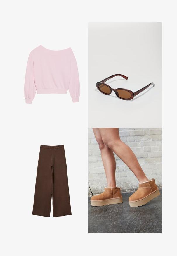Różowy sweter typu off-the-shoulder z długimi rękawami typu balon oraz dopasowaną talią. Gładka tekstura z prążkowanymi mankietami. Bez wzorów ani metalowych elementów.; Brązowe spodnie szerokie, wykonane z miękkiego materiału, z ryflowanym elastycznym paskiem w talii i bez widocznych zapięć oraz kieszeni.; Brązowe zamszowe botki sięgające kostki z puszystą wyściółką, grubą beżową platformą oraz tylną pętelką. Teksturowana powierzchnia z widocznymi detalami zszycia.; Okrągłe, brązowe okulary przeciwsłoneczne z błyszczącą bordową oprawą. Cienkie ramiona z subtelnym detalem marki. Płaski kształt soczewek.; Różowa torba tote wykonana z teksturowanego materiału, z dwiema długimi rączkami i wytłoczonym logo z przodu. Zamek błyskawiczny na górze.