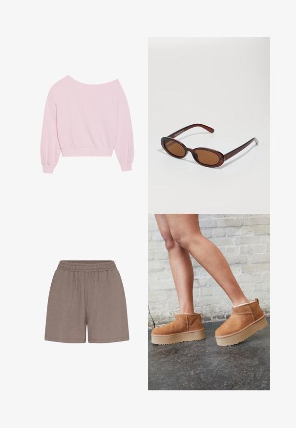 Sudadera rosa off-the-shoulder con mangas globo largas y cintura ajustada. Textura suave con puños acanalados. Sin patrones ni herrajes.; Pantalones cortos marrones y texturizados con una cintura elástica. Presentan un corte relajado y una construcción simple, aptos para el uso casual.; Botas de tobillo de ante marrón con forro suave, suela de plataforma gruesa beige y una lengüeta trasera. Superficie texturizada con detalles de costura visibles.; Gafas de sol redondas con tinte marrón y un marco burdeos brillante. Patillas delgadas con un sutil detalle de marca. Diseño de lentes planos.; Reloj de cuarzo Casio con una esfera rectangular plateada, acentos dorados y una pulsera metálica bicolor en plata y dorado. Función resistente al agua.