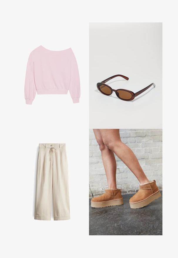 Roze off-the-shoulder sweatshirt met lange ballonmouwen en een aansluitende taille. Gladde textuur met geribbelde manchetten. Geen patronen of hardware.; Beige wijde broek van een zachte stof, met een tailleband met trekkoord en knopen, zijzakken en omslagranden.; Bruine suède enkelboots met een zachte voering, dikke beige plateauzool en een achterste lus. Getextureerde oppervlakte met zichtbare stiksels.; Ronde, bruin getinte zonnebril met een glanzend bordeauxrood frame. Slanke pootjes met subtiele merkdetails. Vlakke lensontwerp.; Roze draagtas gemaakt van textuurmateriaal, met twee lange handvatten en een opgedrukte logo aan de voorkant. Ritssluiting aan de bovenkant.