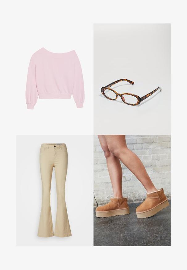Ροζ φούτερ χωρίς ώμους με μακριές μπαλόνι μανίκες και εφαρμοστή μέση. Λείο υλικό με ριχτές μανσέτες. Χωρίς σχέδια ή μεταλλικές λεπτομέρειες.; Beige καμπάνα τζιν από ελαστικό βαμβακερό ύφασμα. Ψηλή μέση με πέντε τσέπες, κλείσιμο με κουμπί μπροστά και λεία υφή.; Καφέ σουέτ μποτάκια μέχρι τον αστράγαλο με πλούσια επένδυση, παχύ μπεζ πλατφόρμα και πίσω λαβή. Υφασμάτινη επιφάνεια με ορατές λεπτομέρειες ραφής.; Γυαλιά από καπλαμά με οβάλ φακούς, με γυαλιστερή φινίρισμα, λεπτούς βραχίονες και διακριτικά μοτίβα που παραπέμπουν σε ρίγες τίγρης.; Ροζ τσάντα ώμου κατασκευασμένη από υλικό με υφή, διαθέτοντας δύο μακριές λαβές και ανάγλυφο λογότυπο μπροστά. Κλείσιμο με φερμουάρ στην κορυφή.