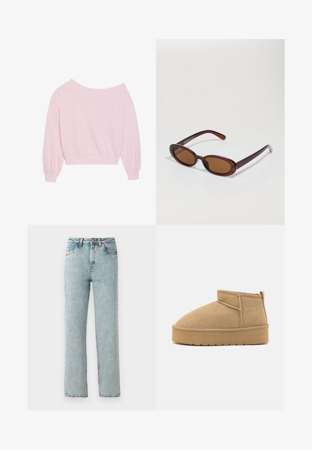 Rožinė megzta palaidinė be pečių, su ilgomis balioninėmis rankovėmis ir prisitaikančiu liemeniu. Lygus paviršius su raštuotais rankogaliais. Be raštų ar metalinių detalių.; Šviesiai mėlynos džinsinės kelnės su aukštu liemeniu, tiesiu siluetu ir dėmėmis. Turi penkis kišenes ir mygtuko užsegimą liemenyje.; Bežiniai suede kulkšninių botai su apvalia nosia, minimaliais siūlais ir šviesiai rudos gumos padu, turinčiu tekstūruotą raštą.; APvalūs, rudos spalvos saulės akiniai su blizgia burgundinės spalvos rėmeliu. Plonos šakutės su subtiliu ženklinimu. Lygus objektyvo dizainas.; Rožinė naujoviška rankinė, pagaminta iš tekstūruoto medžiagos, su dviem ilgomis rankenomis ir reljefiniu logotipu priekyje. Uždarymas su užtrauktuku viršuje.