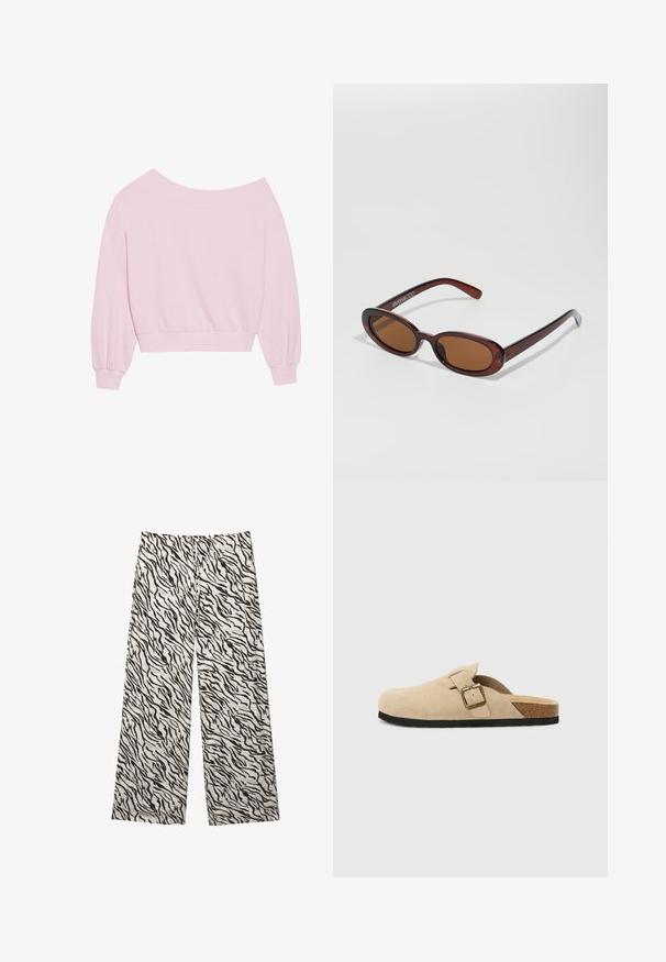 Roze off-the-shoulder sweatshirt met lange ballonmouwen en een aansluitende taille. Gladde textuur met geribbelde manchetten. Geen patronen of hardware.; Brede-pijpenbroeken van een lichtgewicht stof met een zwart-wit tijgerstrepenpatroon. Elastische tailleband met een trekkoordje.; Beige suède instapklompen met een kurken voetbed, een ronde teen en een eenvoudige band met een goudkleurige gesp. Rubberen zool voor grip.; Ronde, bruin getinte zonnebril met een glanzend bordeauxrood frame. Slanke pootjes met subtiele merkdetails. Vlakke lensontwerp.; Roze draagtas gemaakt van textuurmateriaal, met twee lange handvatten en een opgedrukte logo aan de voorkant. Ritssluiting aan de bovenkant.