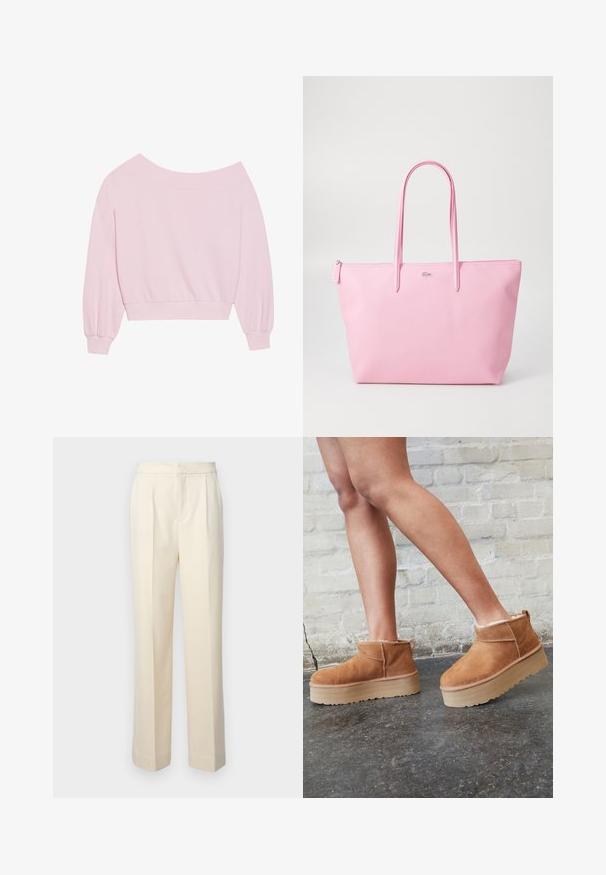 Różowy sweter typu off-the-shoulder z długimi rękawami typu balon oraz dopasowaną talią. Gładka tekstura z prążkowanymi mankietami. Bez wzorów ani metalowych elementów.; Dopasowane, kremowe spodnie o prostych nogawkach, z fałdami z przodu i gładkim wykończeniem. Pas jest płaski i bez zdobień.; Brązowe zamszowe botki sięgające kostki z puszystą wyściółką, grubą beżową platformą oraz tylną pętelką. Teksturowana powierzchnia z widocznymi detalami zszycia.; Różowa torba tote wykonana z teksturowanego materiału, z dwiema długimi rączkami i wytłoczonym logo z przodu. Zamek błyskawiczny na górze.